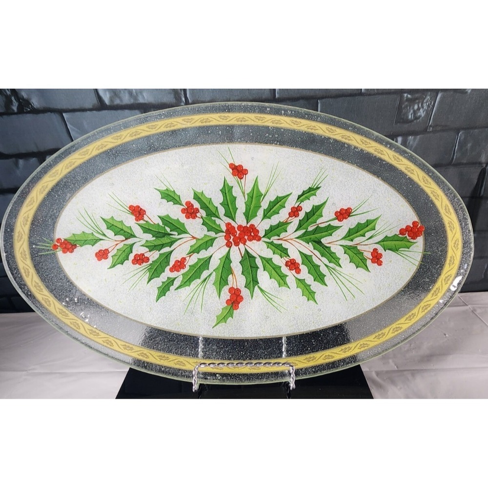 Holiday Serving TRAY ‎ 18"x11" FESTIVE HOLLY Oval Platter ~ Christmas ~ Gorham
